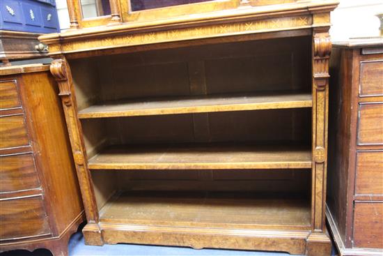 A Victorian burr walnut and marquetry cabinet on bookshelf, by Wilkinson & Son, W.3ft 6in.